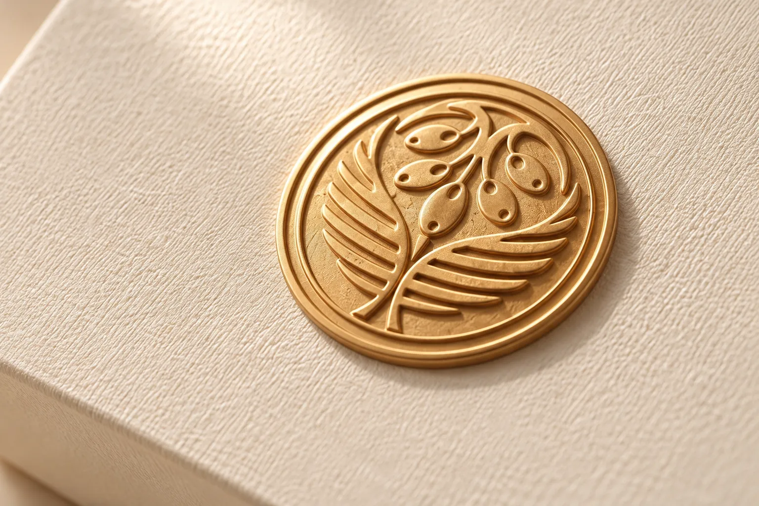 The gold Khal emblem embossed on textured ivory packaging