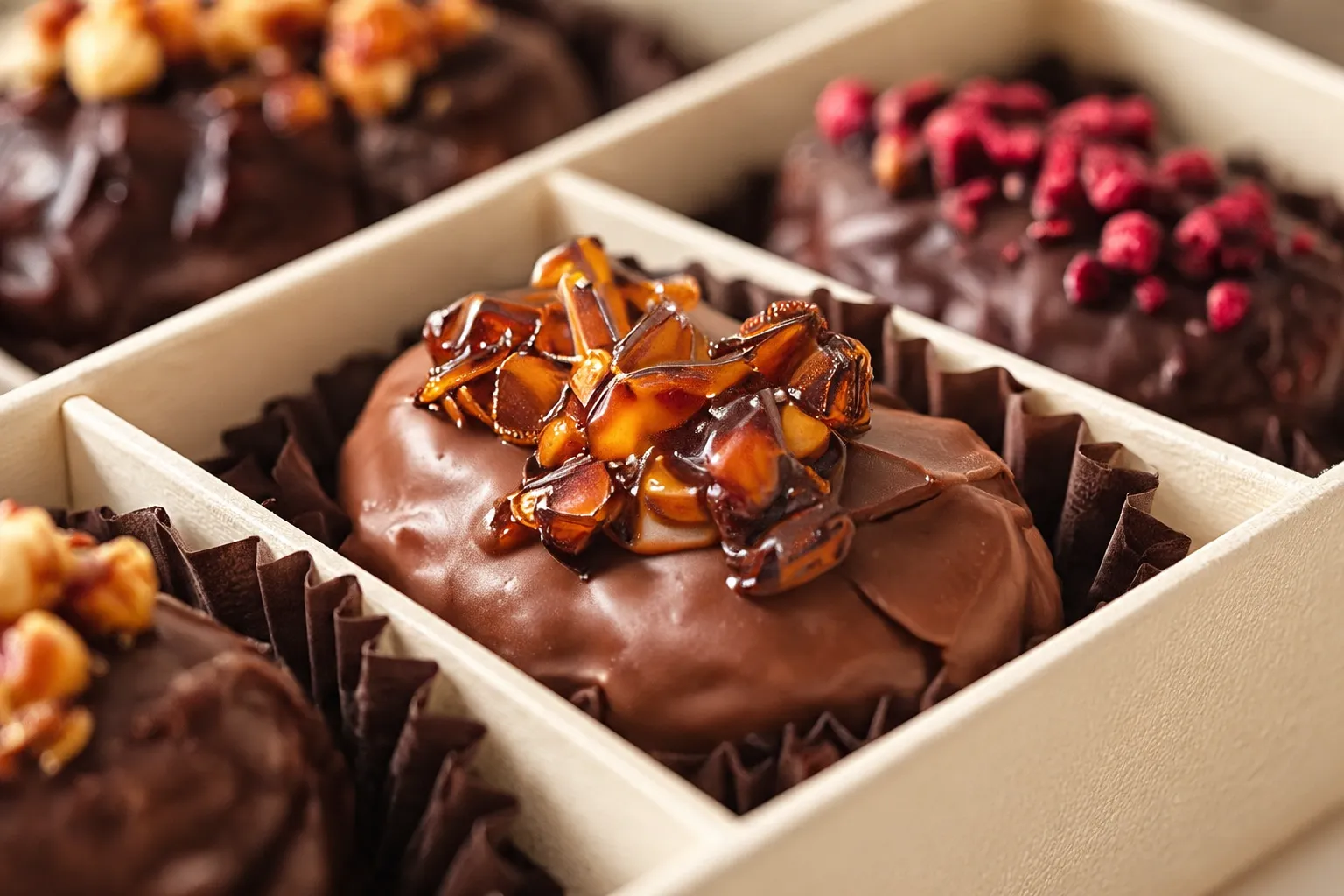 Close-up of a Khal confection topped with caramelised nuts, nestled in its ivory box