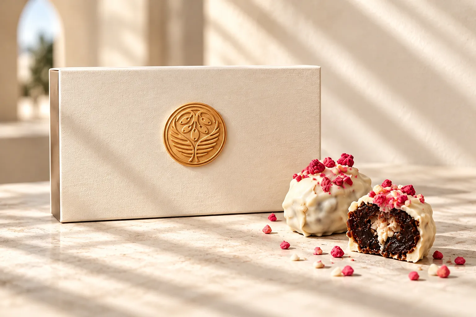 Khal ivory box beside a whole confection and one cut open to reveal its layered filling